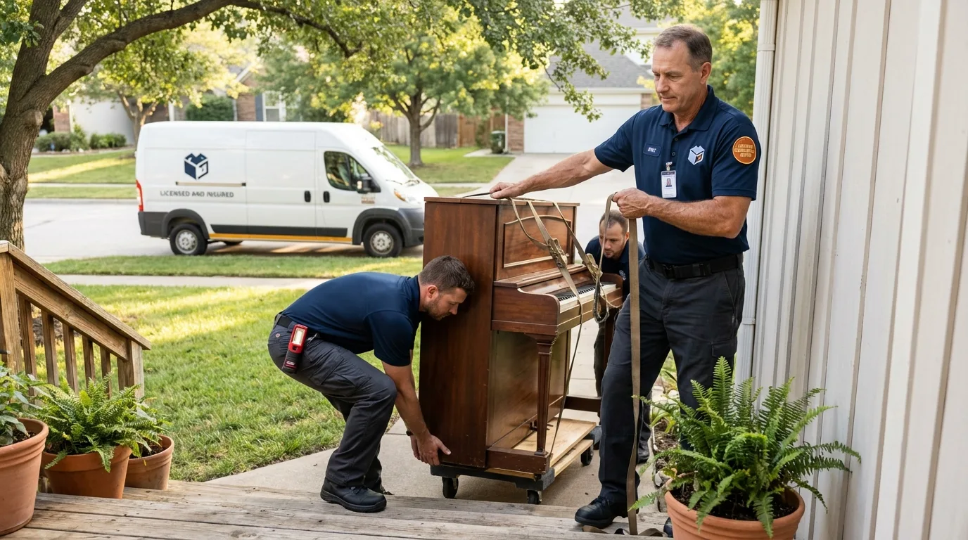 Licensed piano movers securing grand piano in Collinsville, MS