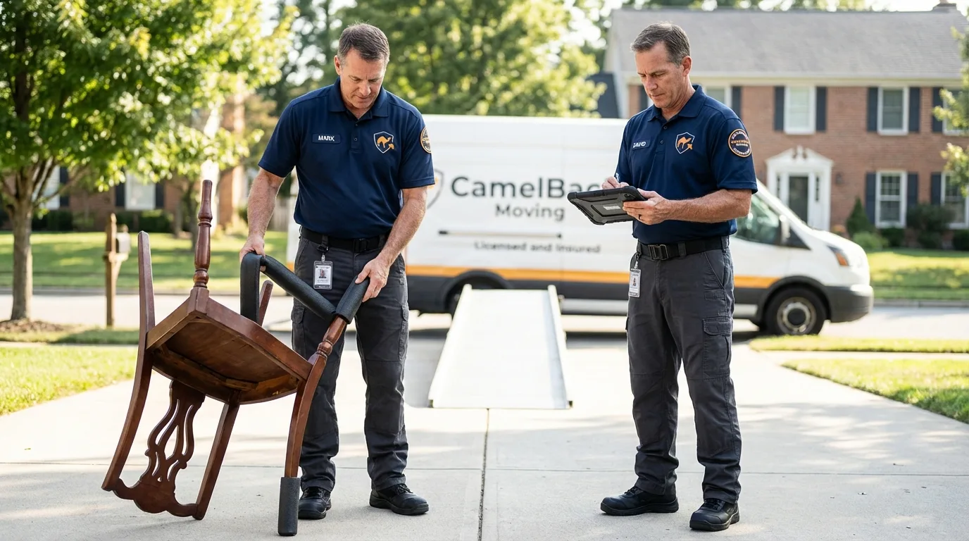 Movers inspecting furniture for damage prevention before loading in Collinsville, MS