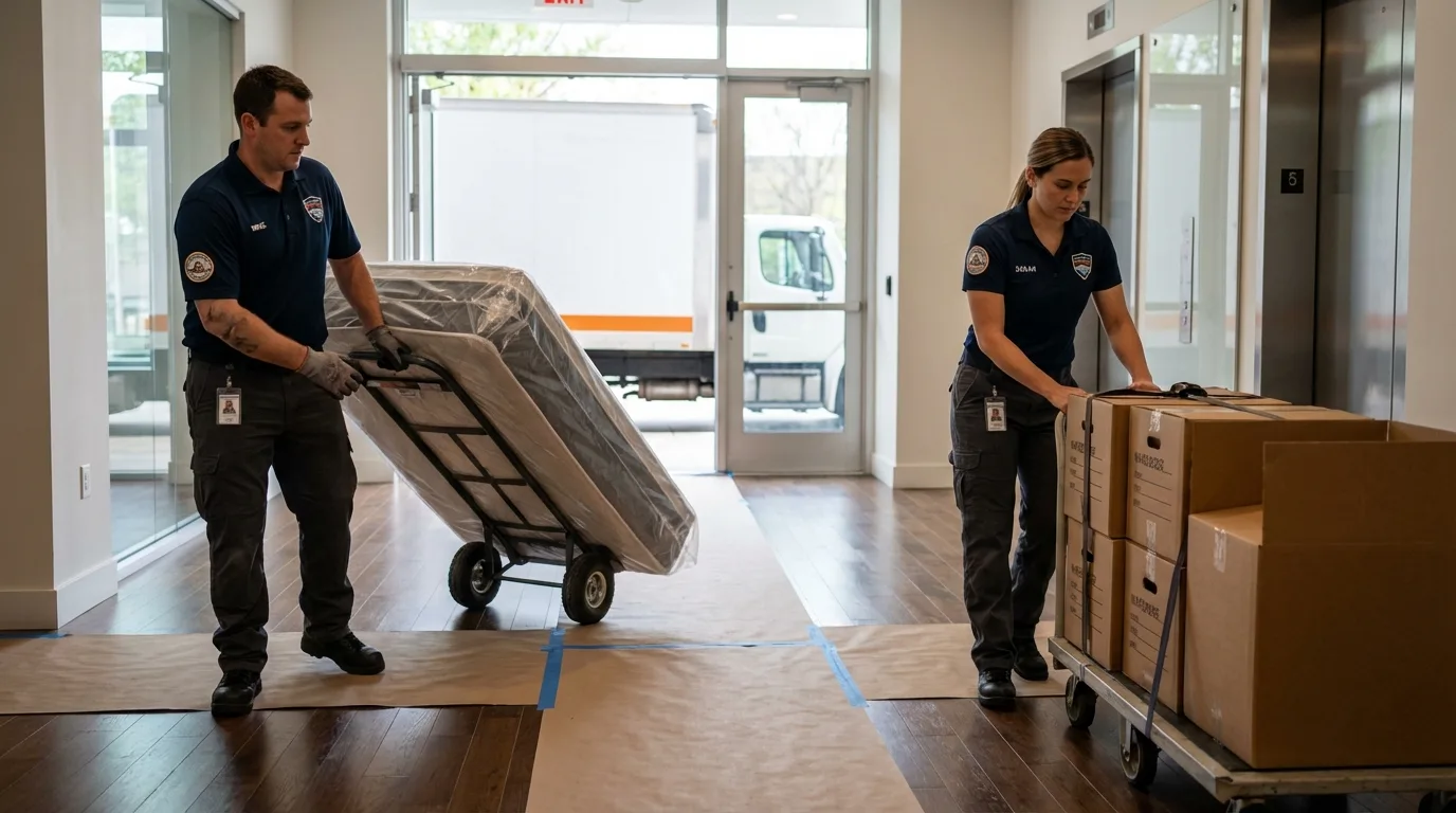 Professional apartment movers loading elevator in Collinsville, MS